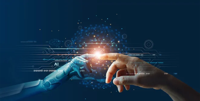 AI, Machine learning, Hands of robot and human touching on big data network connection background, Science and artificial intelligence technology, innovation and futuristic