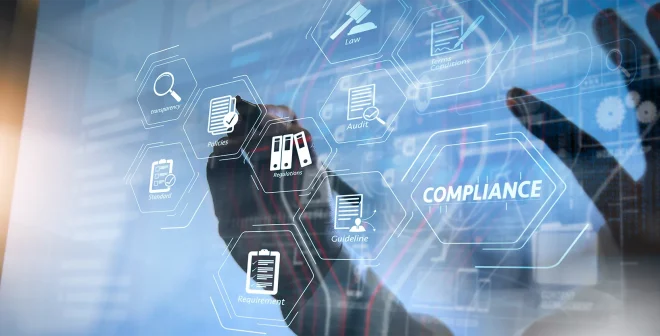 Compliance Virtual Diagram for regulations, law, standards, requirements and audit.co working team meeting concept businessman using smart phone and digital tablet and laptop computer in modern office