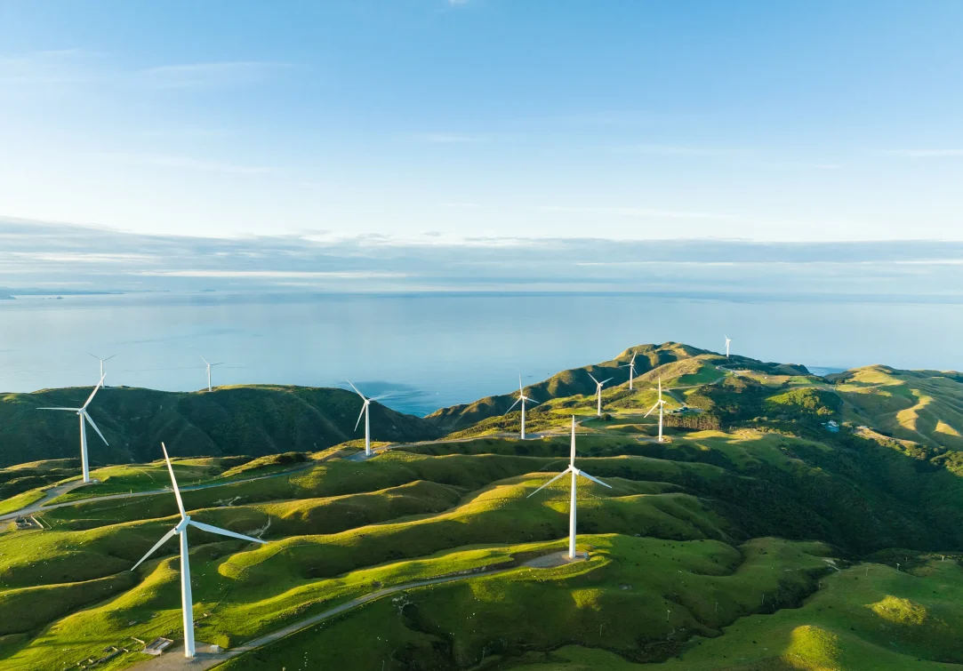 Scenic landscape, windmill turbines