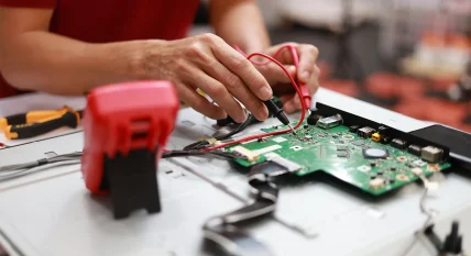 Cropped image of a mid-adult male Asian engineer measuring voltage on a conductor board in his workshop