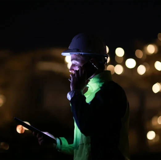 Smart engineer with green safety jacket works on a digital tablet and using a mobile phone at the refinery plant during night shift