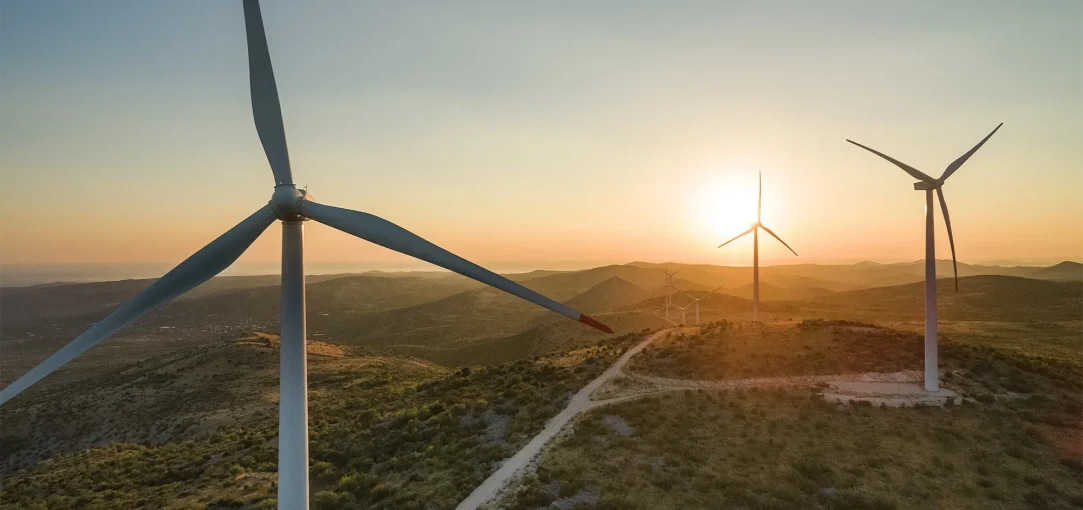 Aerial view of Jelinak windmill farm at sunset, Croatia