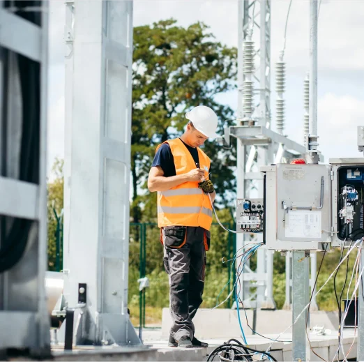 Adult electrical engineer mount the electrical systems at the equipment control cabinet. Installation of modern electrical station
