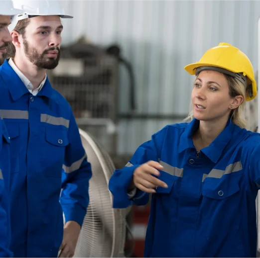 Group of male and female engineer worker meeting, discuss, training and present of work on whiteboard in factory